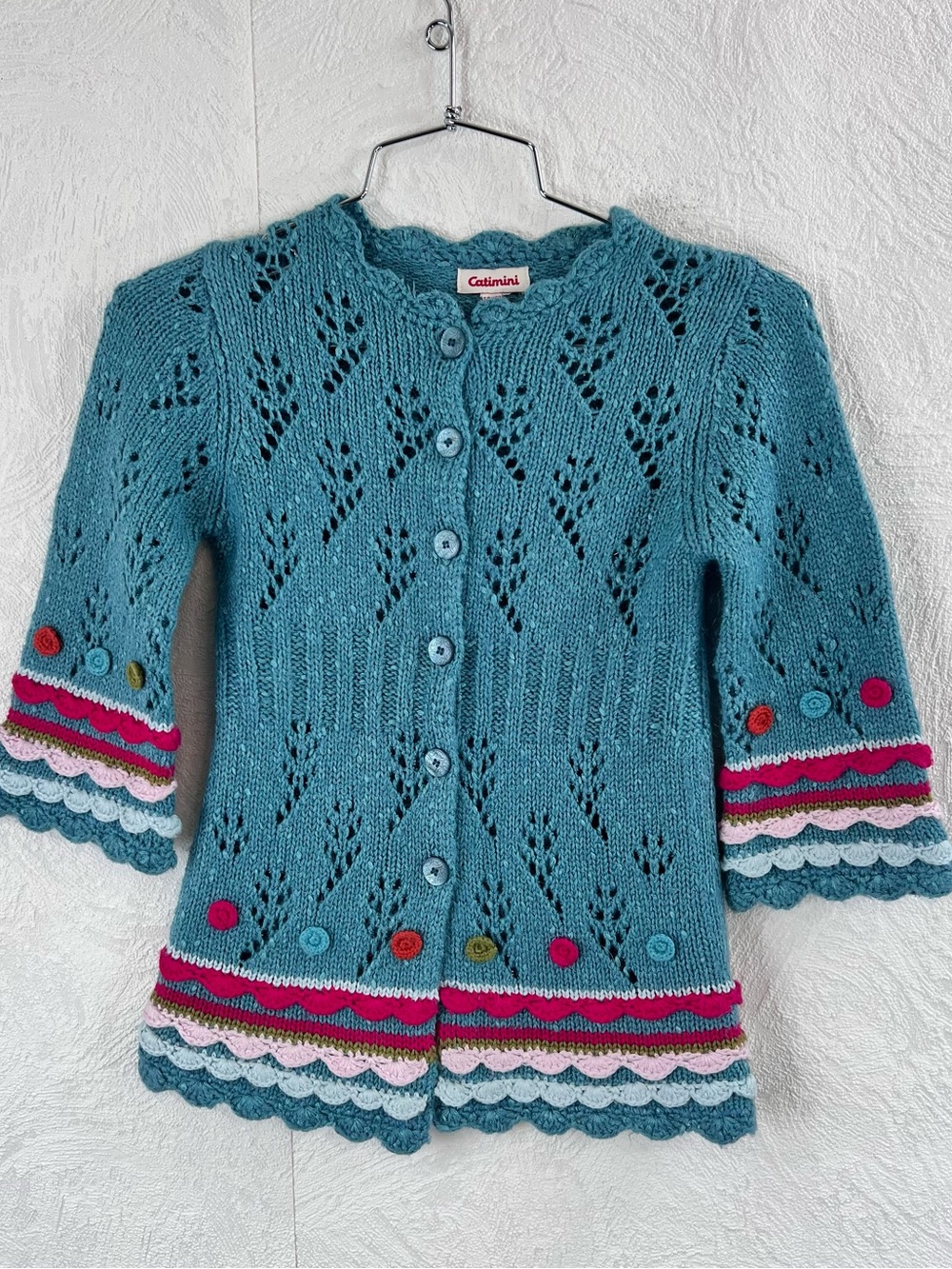 Catimini Teal Knit Cardigan with Pink and Red Trim Size 108/5